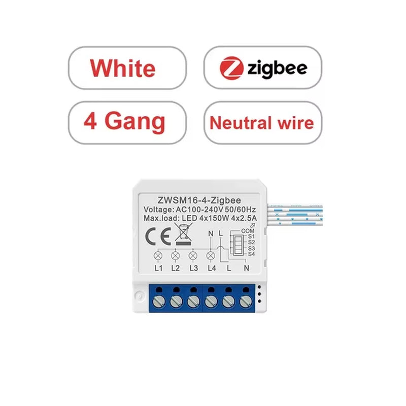 1/2/3 Gang Tuya Zigbee Light Switch Module No Neutral Wire, 2 Way Control DIY Smart Breaker Works with Alexa Google Home