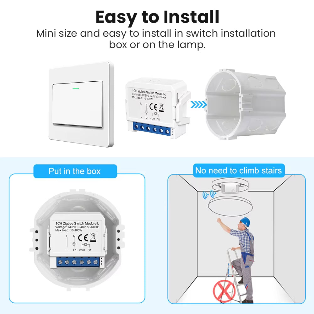 1/2/3 Gang Tuya Zigbee Light Switch Module No Neutral Wire, 2 Way Control DIY Smart Breaker Works with Alexa Google Home