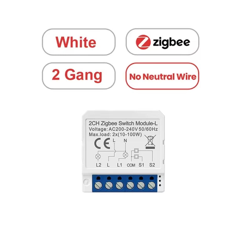 1/2/3 Gang Tuya Zigbee Light Switch Module No Neutral Wire, 2 Way Control DIY Smart Breaker Works with Alexa Google Home