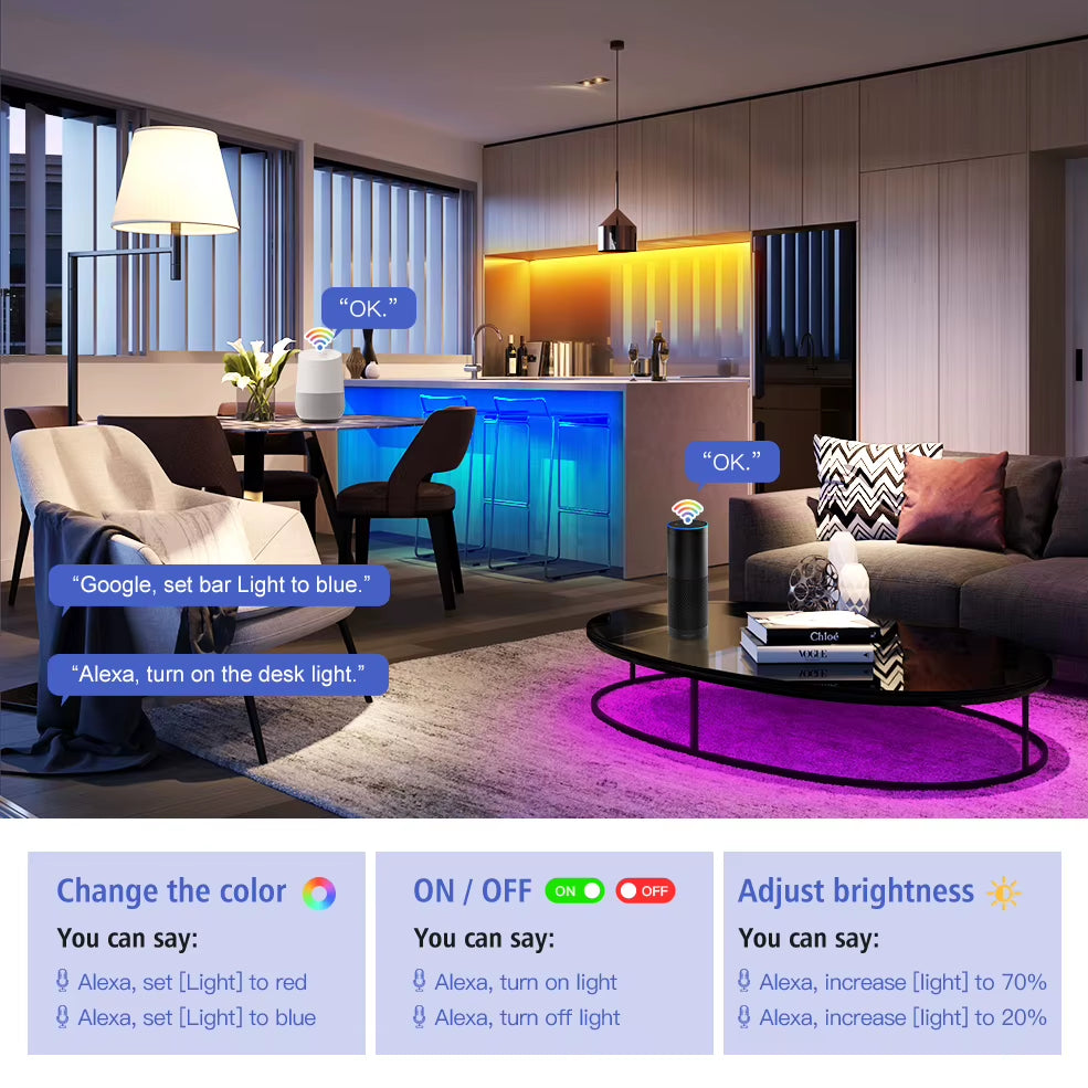 Wifi Smart LED Strip Light 20M RGB 5050 Flexible Ribbon DC12V LED Lights 5M 10M 15M Work with Alexa Google Home Voice Control
