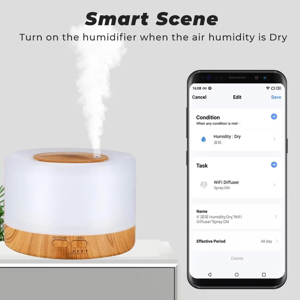 Tuya Smart Humidifier with Colorgul LED Light Wifi Aroma Diffuser Timer Wireless Control Work with Alexa Google Home Compatible