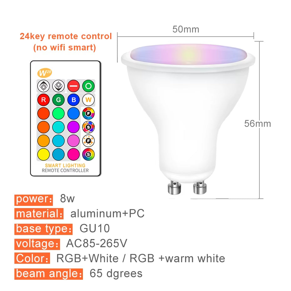 LED Bulb GU10 Spotlight 8W RGB Dimmable Lamp RGBW RGBWW Lights IR Remote / Tuya Smart Wifi Control Work with Alexa for Home