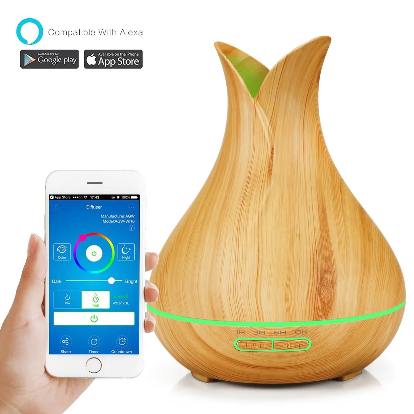 Tuya Smart Humidifier with Colorgul LED Light Wifi Aroma Diffuser Timer Wireless Control Work with Alexa Google Home Compatible