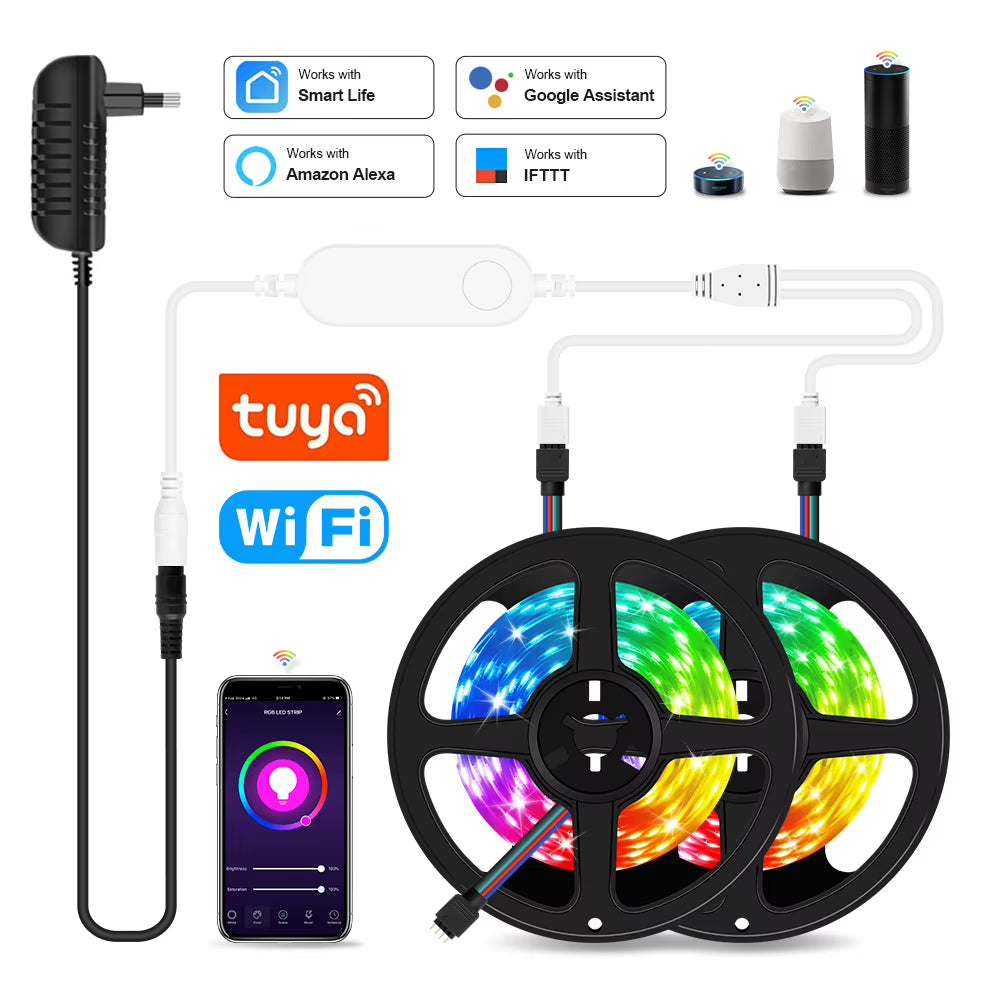 Wifi Smart LED Strip Light 20M RGB 5050 Flexible Ribbon DC12V LED Lights 5M 10M 15M Work with Alexa Google Home Voice Control