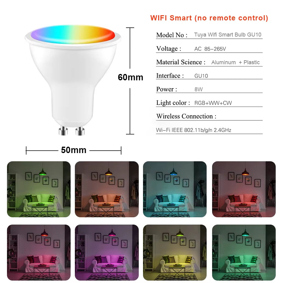 LED Bulb GU10 Spotlight 8W RGB Dimmable Lamp RGBW RGBWW Lights IR Remote / Tuya Smart Wifi Control Work with Alexa for Home