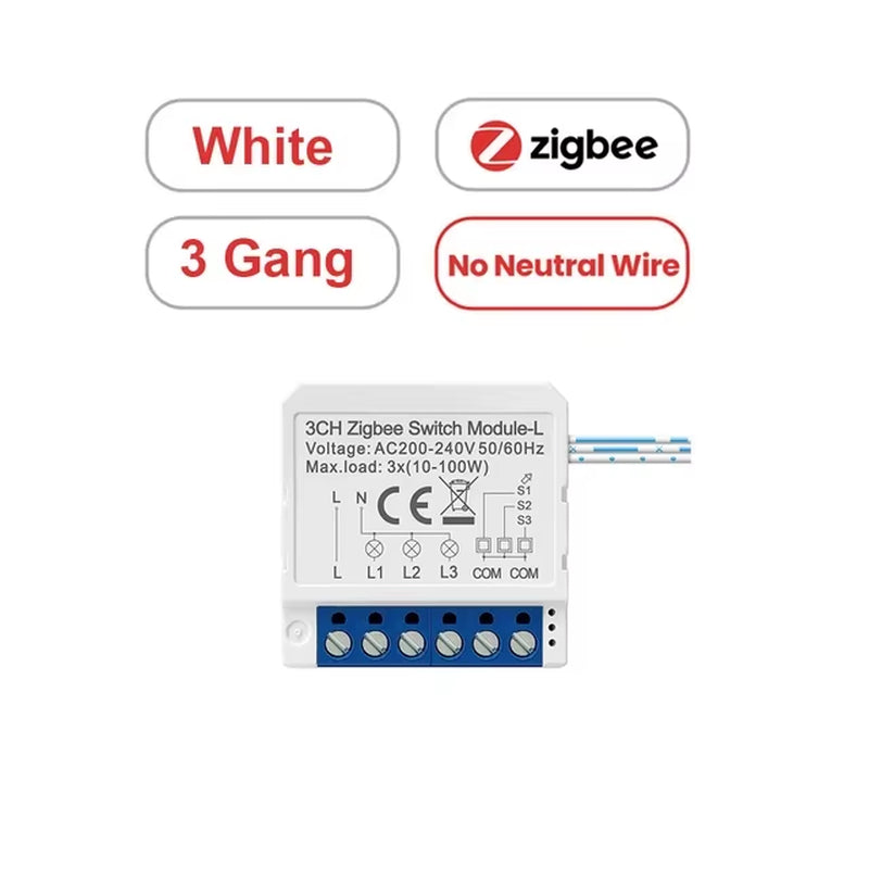 1/2/3 Gang Tuya Zigbee Light Switch Module No Neutral Wire, 2 Way Control DIY Smart Breaker Works with Alexa Google Home