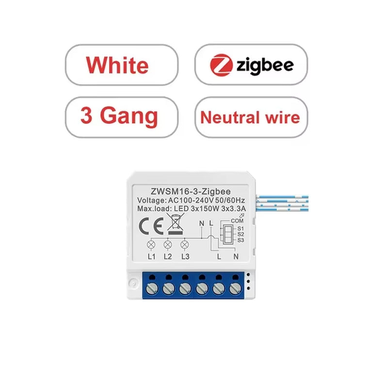 1/2/3 Gang Tuya Zigbee Light Switch Module No Neutral Wire, 2 Way Control DIY Smart Breaker Works with Alexa Google Home