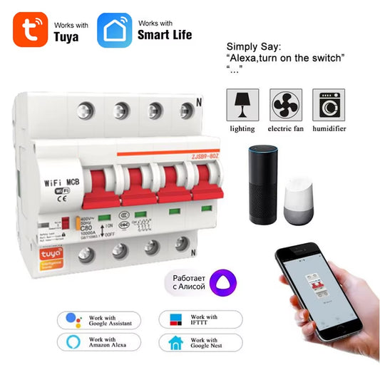 Wifi Circuit Breaker Tuya APP Wireless Control Alice Alexa Google Home Voice Control 4P 16A-125A Shortcut/Overload Protection